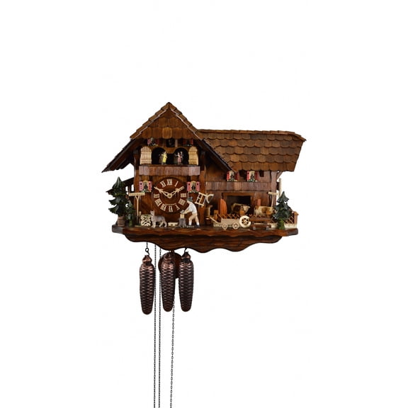 Cuckoo Clock Black Forest house with moving wood chopper and mill wheel