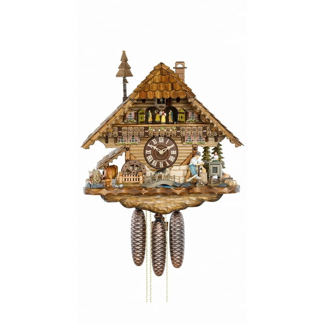 Cuckoo Clock Black Forest house with moving wood chopper and mill wheel