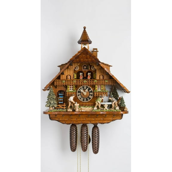 Cuckoo Clock Black Forest house with moving wood chopper, mill wheel and illuminated windows