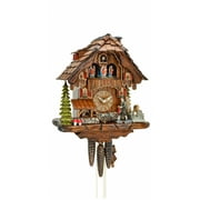 Cuckoo Clock Black Forest house with moving wood clock peddler and mill wheel