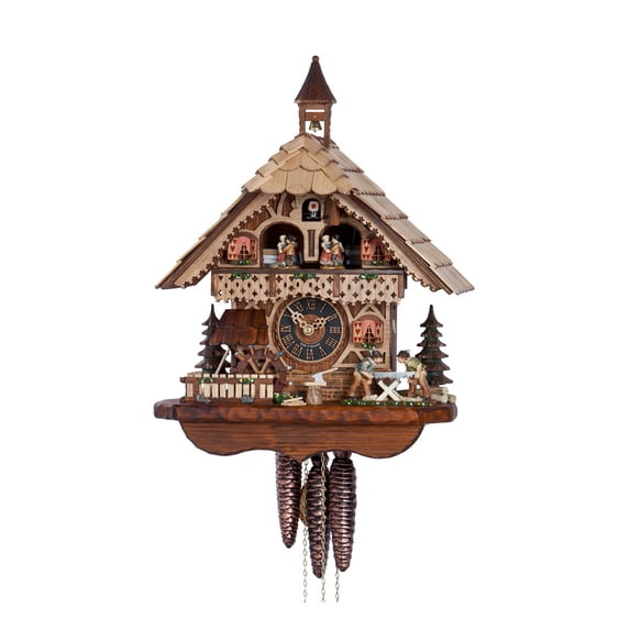 Cuckoo Clock Black Forest house with moving wood sawers and mill wheel