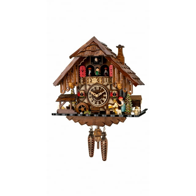 Cuckoo Clock Black Forest house with music, turning millwheel, the