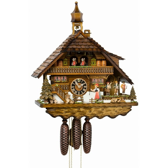 Cuckoo Clock Black forest house, the peasant girl rings the bell, turning musicians