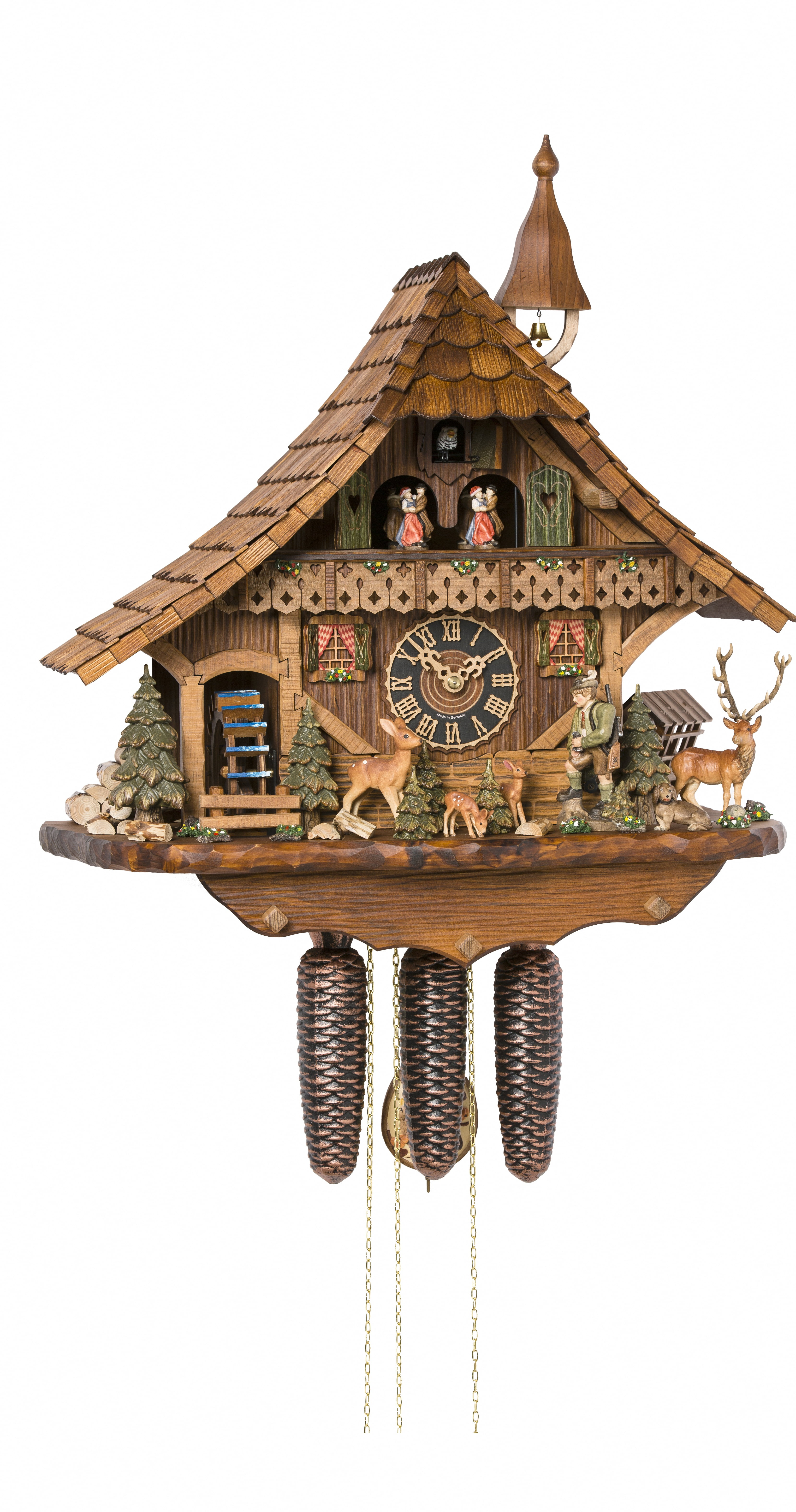 Cuckoo Clock Black forest house, turning millwheel