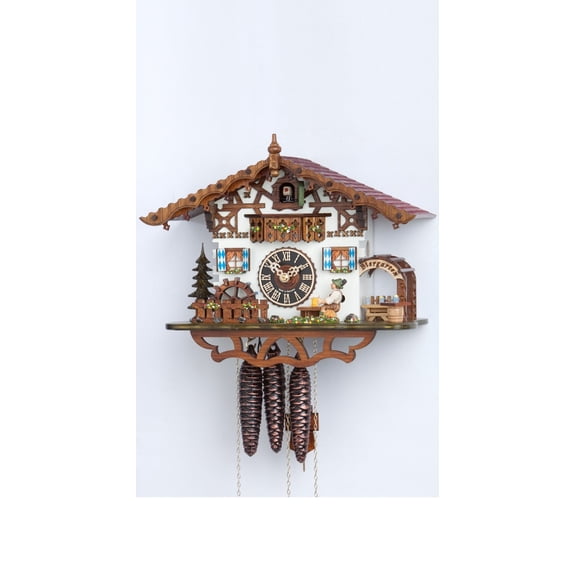Cuckoo Clock Swiss house with moving beer drinker and mill wheel