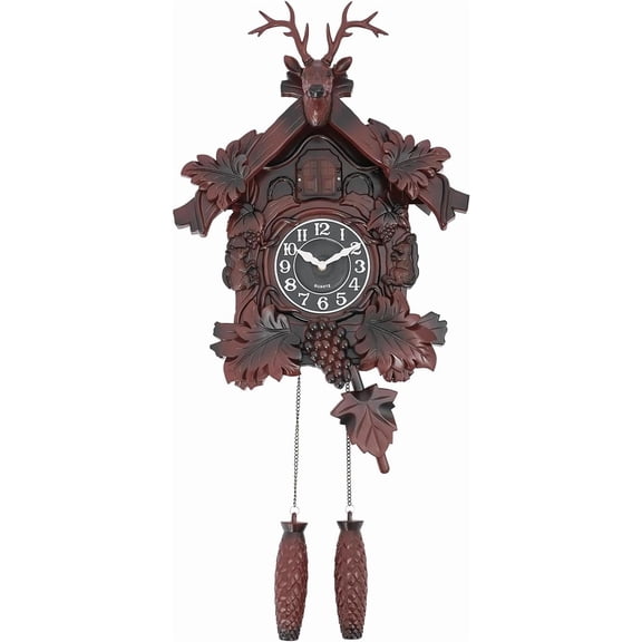 Cuckoo Clock Vintage Wooden Wall Clock with Deer Head Hand-Carved Retro Wall Clock with Quartz Movement and Pendulum Large Antique Wall Clock for Home Living Room Office (Red)