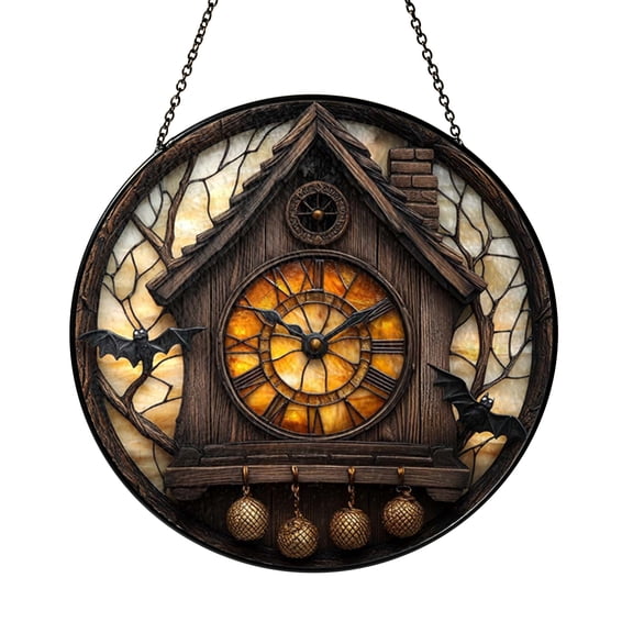 Cuckoo Clock with Bats Stained Glass Suncatcher Window Hanging, Whimsical Night Decor Gift