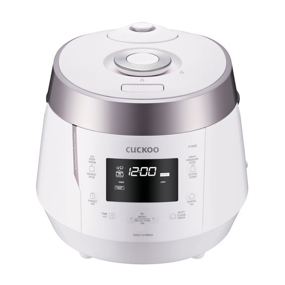 CUCKOO High Pressure Rice Cooker 10-Cup Uncooked / 20-Cup Cooked with Nonstick Inner Pot, Large Rice Maker with 13 Menu Options and Steam Plate, Fuzzy Logic Tech, Voice Guide, White (CRP-P1009SW)
