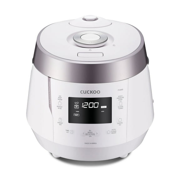 CUCKOO High Pressure Rice Cooker 10-Cup Uncooked / 20-Cup Cooked with Nonstick Inner Pot, Large Rice Maker with 13 Menu Options and Steam Plate, Fuzzy Logic Tech, Voice Guide, White (CRP-P1009SW)