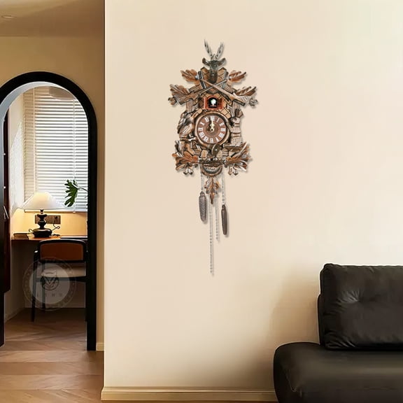 Cuckoo Wall Clock with Night Silencer  Battery Operated Quartz Wooden Clock, Forest Theme with Deer Rabbit Bird Design, Laser-Cut MDF, Hourly Cuckoo Sound with Brook & Echo