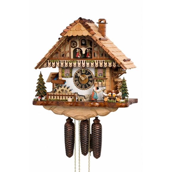 Cuckoo clock Black Forest house with moving beer drinkers, moving woman with rolling pin and rotating mill wheel