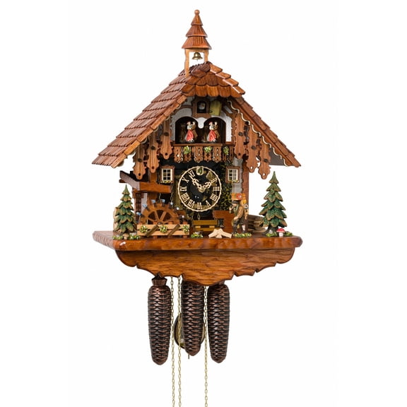 Cuckoo clock Black Forest house with wooden case with plexiglass, movable clock holder and rotating mill wheel