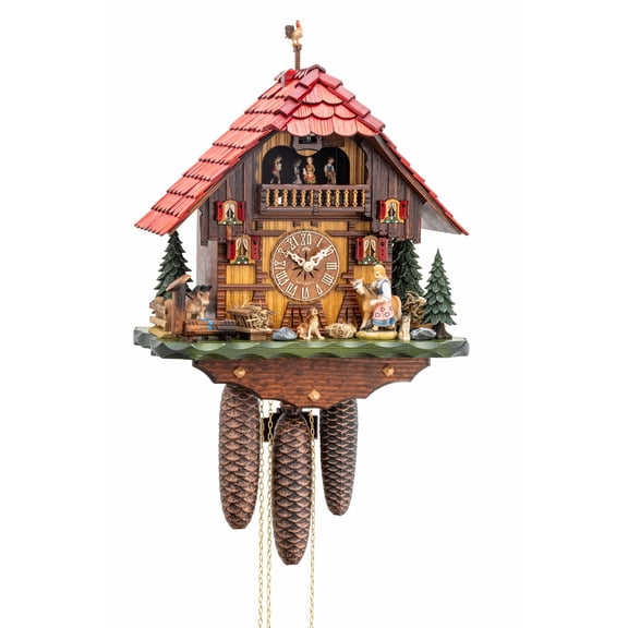 Cuckoo clock with spinning dancers, girl with movable arm