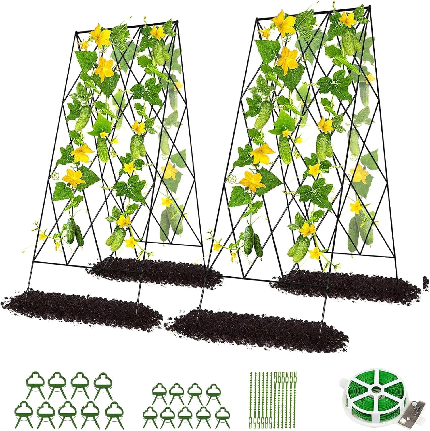 Cucumber Trellis, 2 Pack Metal Foldable A Frame Garden Trellis for Raised Bed Climbing Plants, Vegetables, Includes Plant Support Clips, Twist Ties, Plastic Ties, A Frame Trellis, Black