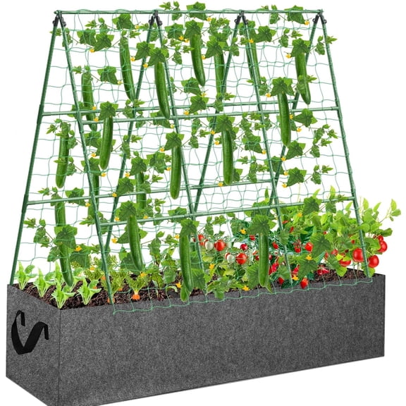 Cucumber Trellis with 46 Gallon Grows Bag, 50 x 54 Inches A Frame Outdoor Greenhouse Trellis and Fabric Raised Bed, Climbing Net and Plant Support Clips for Bean Climbing Plants