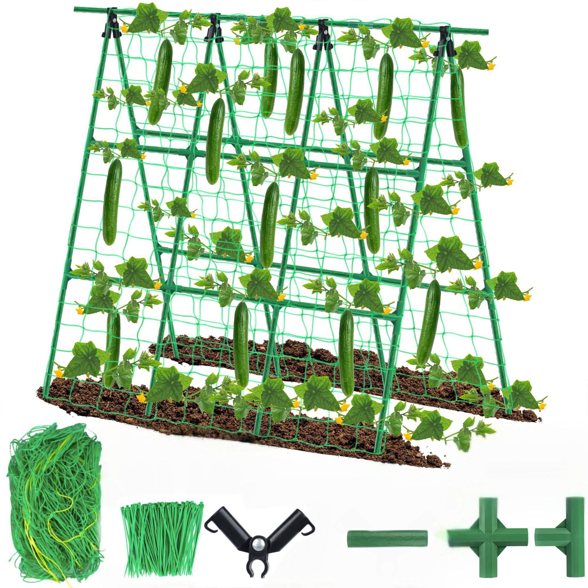 Cucumber Trellis 48 inch A-Frame Garden Trellis for Climbing Plants Outdoor Support for Vegetable Vine Tomato Cucumber Trellis Raised Bed, with Netting, Green