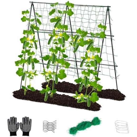 Cucumber Trellis, 4ft x 4ft Metal A-Frame Garden Trellis Climbing Plant Outdoor Support Fruit Grape Vine Vegetable Tomato Pea Bean Cucumber Trellis Raised Bed, with Netting, Black