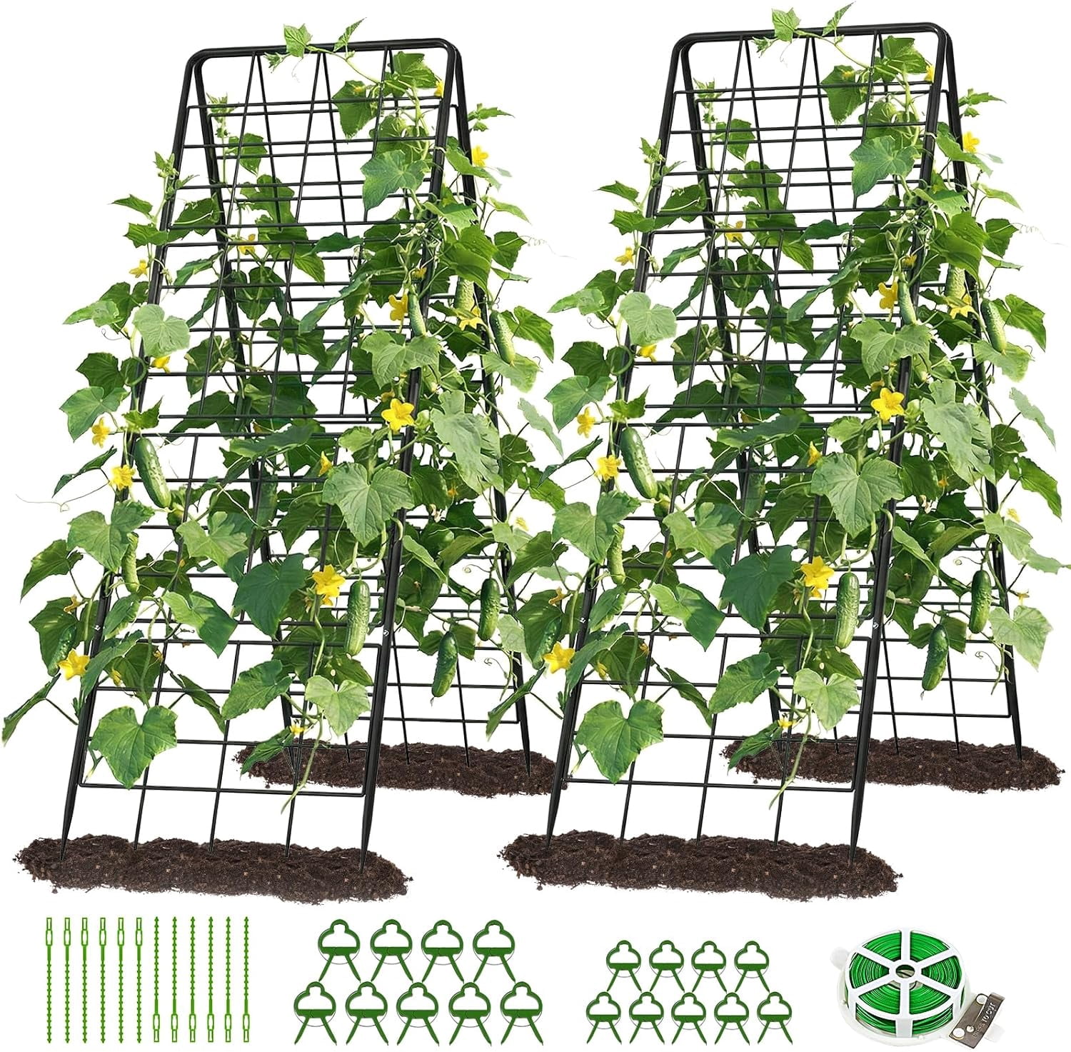 Cucumber Trellis, 59" H 2 Pack Metal Foldable Thickened A Frame Garden Trellis for Raised Bed Climbing Plants, Vegetables, Including Plant Support Clips, Twist Ties, Plastic Ties, Black