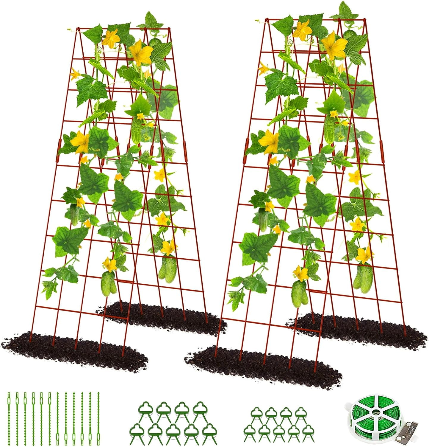 Cucumber Trellis, 59" High 2 Pack Foldable A Frame Trellis for Raised Bed Climbing Plants, Vegetables, Includes Plant Support Clips, Twist Ties, Plastic Ties- Made from PVC-Coated Steel