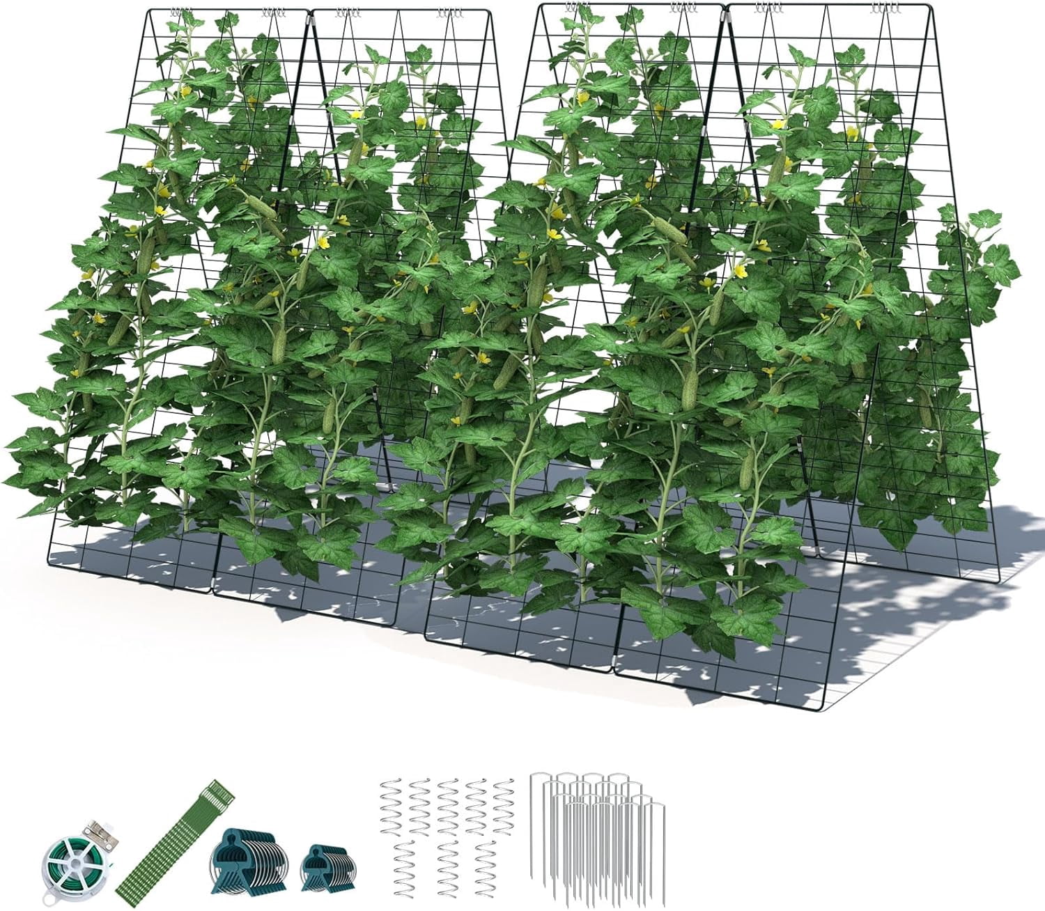 Cucumber Trellis, 8-Panel Metal Plant Support w/Rustproof PP-Coated A-Frame, Clips, Stakes, Spiral Connectors, Cable Tie & Twist Tie, Garden Trellis for Climbing Plants Outdoor Raised Bed
