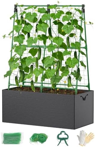 Cucumber Trellis with for Climbing Plants, A-Shape Garden Trellis with Grow Bags, Metal Plant Trellis with Garden Netting for Vegetables Flowers Fruits