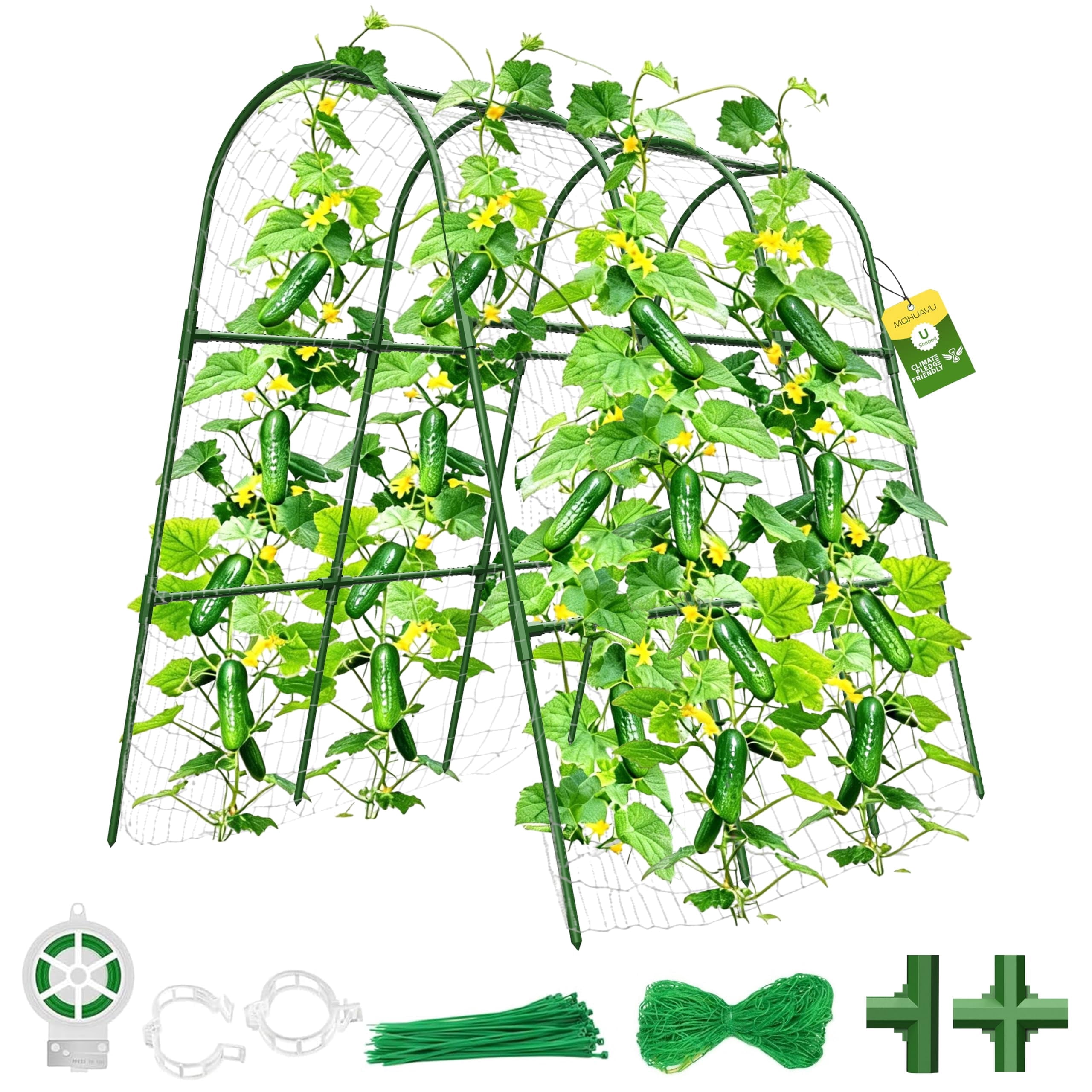 Cucumber Trellis  for Garden, U Frame Garden Trellis for Climbing Plants, Metal Plant Trellis with Garden Netting for Vegetables Flowers Fruits(4 Arches)