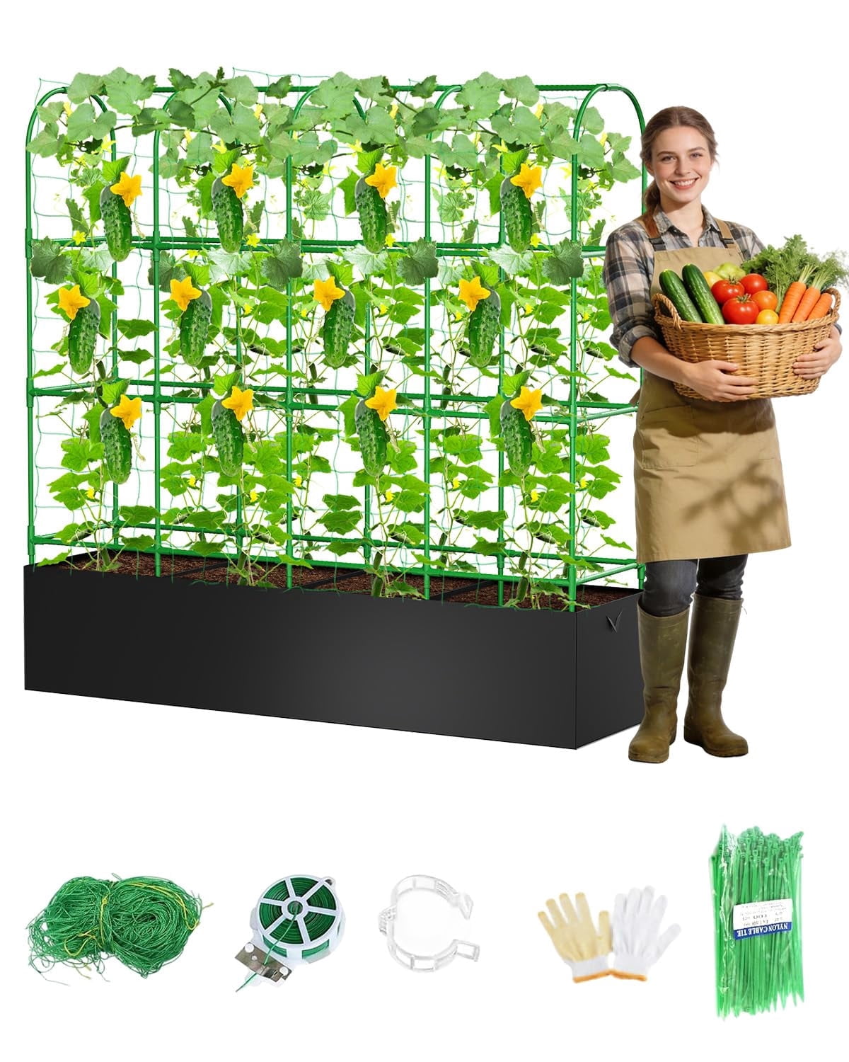 Cucumber Trellis with Grow Bags for Garden, U Frame Garden Trellis for Climbing Plants, Metal Plant Trellis with Garden Netting for Vegetables Flowers Fruits(5 Arches)
