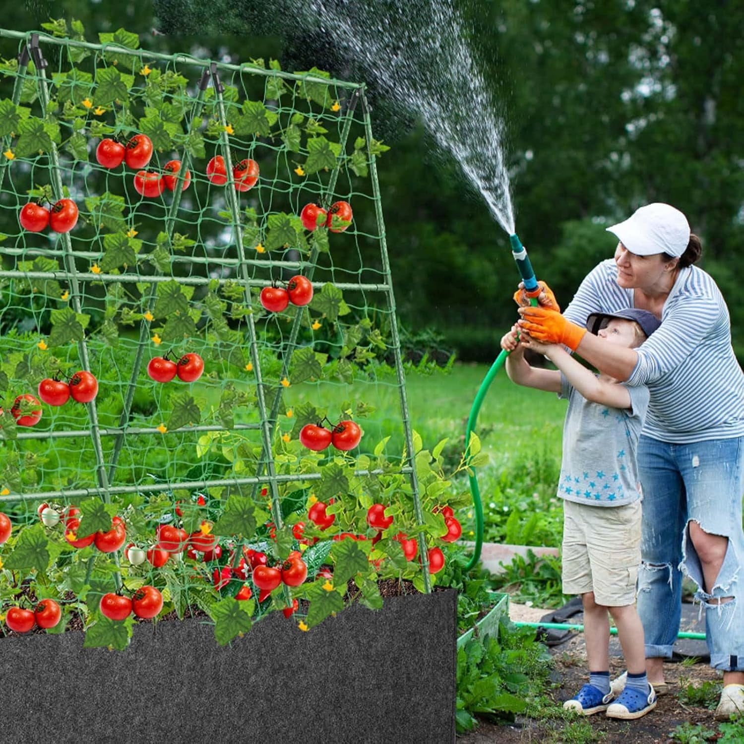 Cucumber Trellis with  Gallon Grows Bag, 50 x 54 Inches A Frame Outdoor Greenhouse Trellis and Fabric Raised Bed, Climbing Net and Plant Support Clips for Bean Climbing Plants