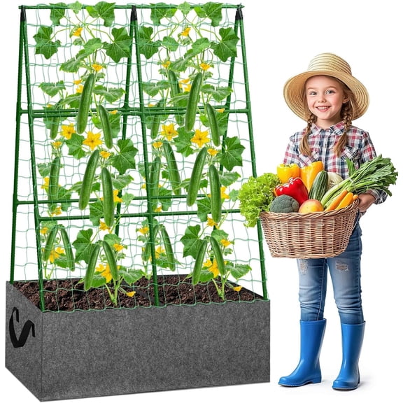 Cucumber Trellis with Grow Bag, 50 x 36 Inches Reusable Garden Vegetable Trellis with Fabric Raised Bed, Climbing Net and Plant Support Clips for Greenhouse Climbing Plants