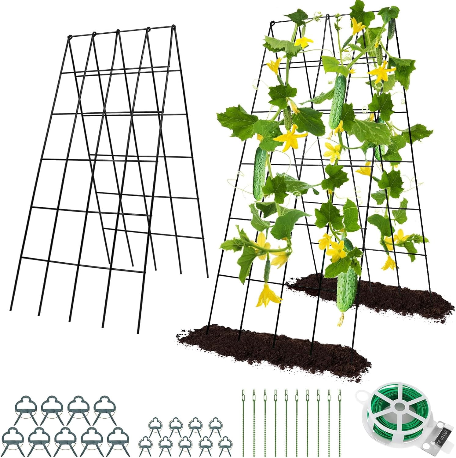 Cucumber Trellis for Raised Bed,  16.5 x 40 Inch Metal Trellis for Climbing Plants Outdoor with Plant Clips Twist Ties, Garden Plant A-Frame Trellis for Vegetable Pea Tomato (Black, 2 PCS)