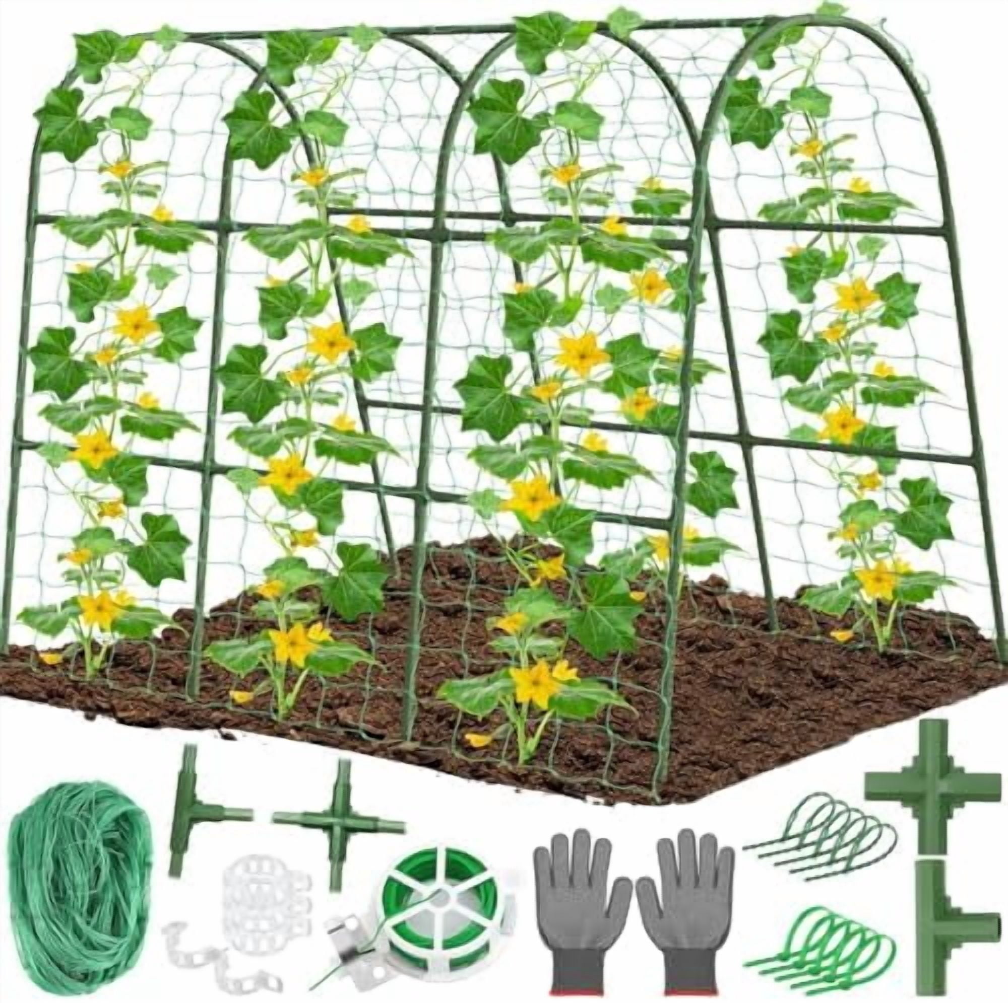 Cucumber Trellis for Raised Bed Garden, U-Shape Arch Trellis for Climbing Plants Outdoor, Metal Vegetables Trellis with Netting, Garden Trellis for Cucumber Plants Sweet Pea Bean Grape