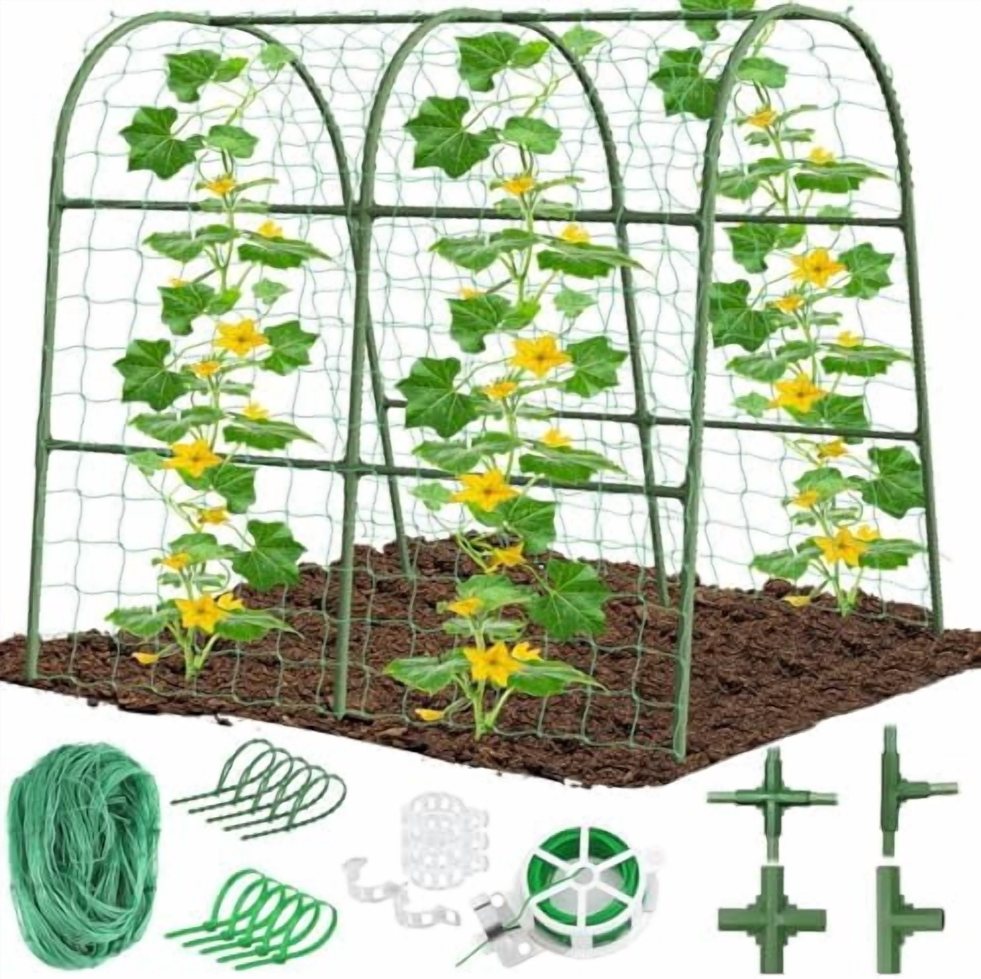 Cucumber Trellis for Raised Bed Garden, U-Shape Arch Trellis for Climbing Plants Outdoor, Metal Vegetables Trellis with Netting, Garden Trellis for Cucumber Plants Sweet Pea Bean Grape