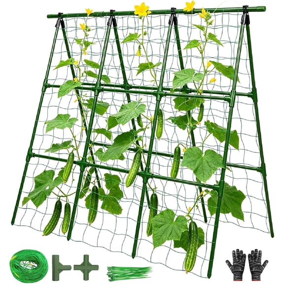 Cucumber Trellis for Raised Garden Bed, A Frame Metal Plant Support with Netting, Tomato Cage, Green Bean Pea Pole Bean Vine Climbing Vegetable Trellis, 50 x 48 in, Green