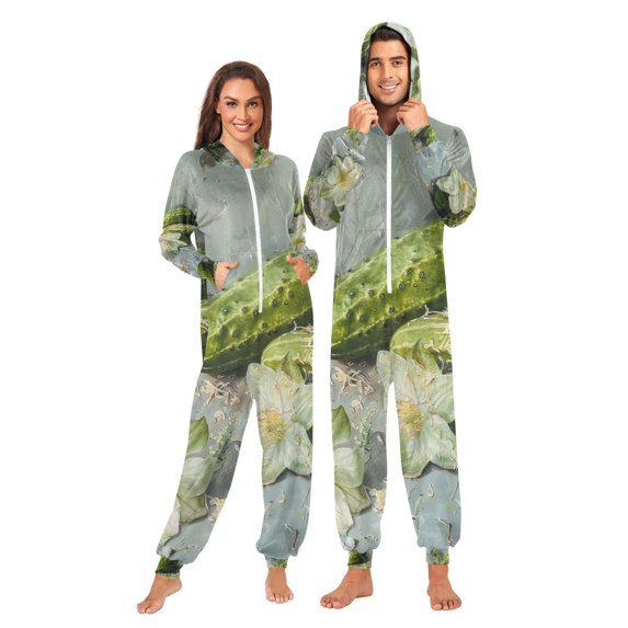 Cucumber and Flowers Adult Onesie Pajamas Slim Fit Christmas One Piece Suit Pjs for Women and Men Hooded Zipper