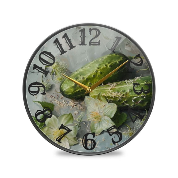 Cucumber and Flowers Wall Clock 10 Inch Silent Non Ticking Battery Operated Easy to Read for Kitchen Living Room