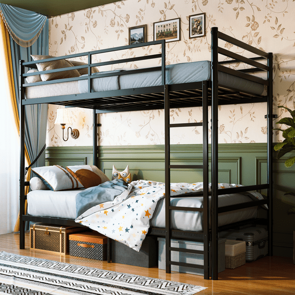 CucumberDay Bunk Bed Twin Over Twin for Kids / Teens / Adults, 13.7" High Safety Guardrail 19 Heavy-Duty Slats Support 600LBS, Sturdy Ladder, Large Under-Bed Storage, Converts to 2 Beds, Black