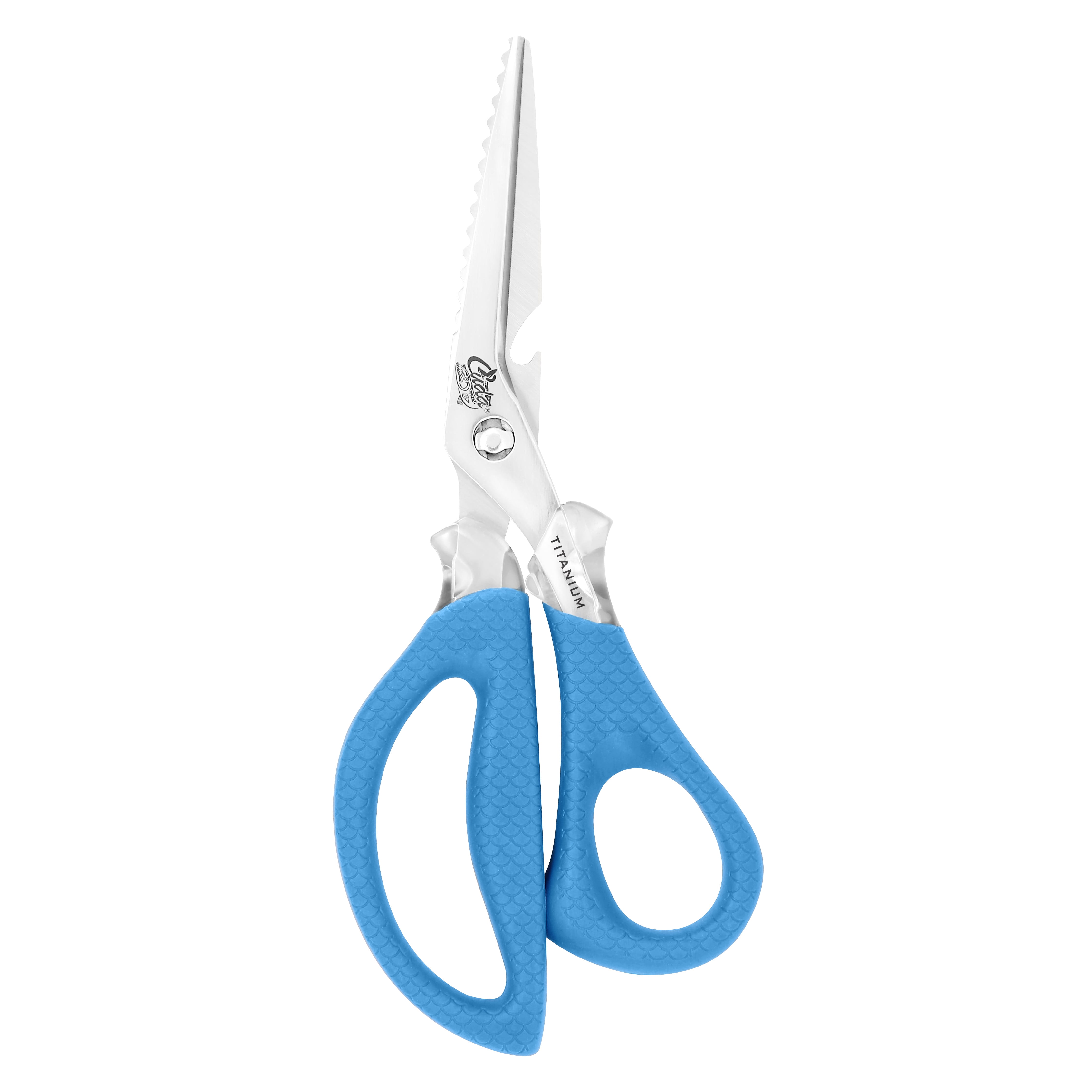 Cuda Marine Shears Fish Scaler Tool, Serrated and Smooth Blades, Detachable, Titanium , 8", Blue