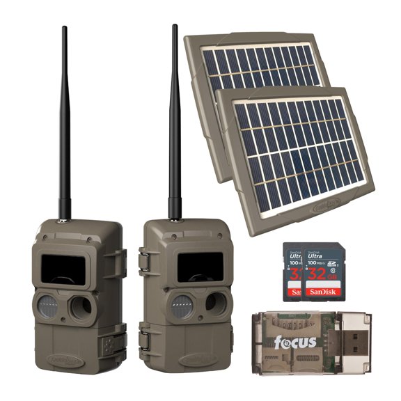 Cuddeback CuddeLink Wireless, 3rd Gen Sensor, Low-Glow IR LED Camera (2-Pack) Bundle with PW-3600 Solar Power Device (2-Pack), 32GB Ultra UHS-I Memory Card (2-Pack), and USB 2.0 Card Reader (7 Items)