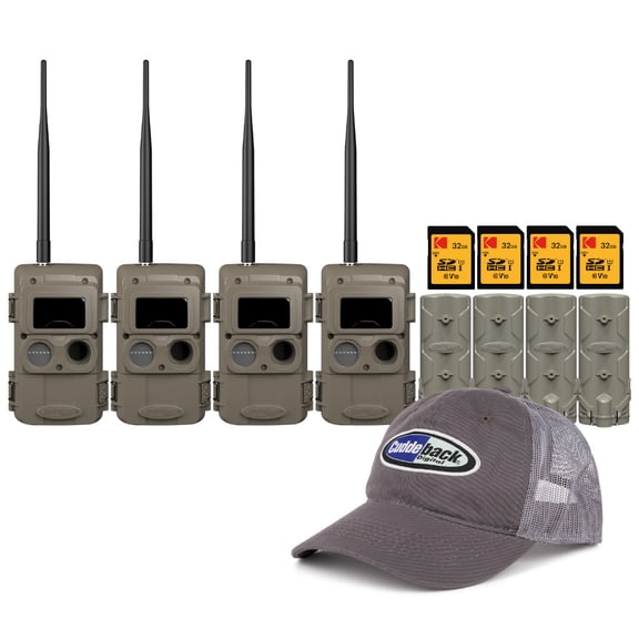 Cuddeback CuddeLink Wireless, 3rd Gen Sensor, Low-Glow IR LED Camera (4-Pack) Bundle with Power Banks, 32GB SD Cards and Hat (13-Items)