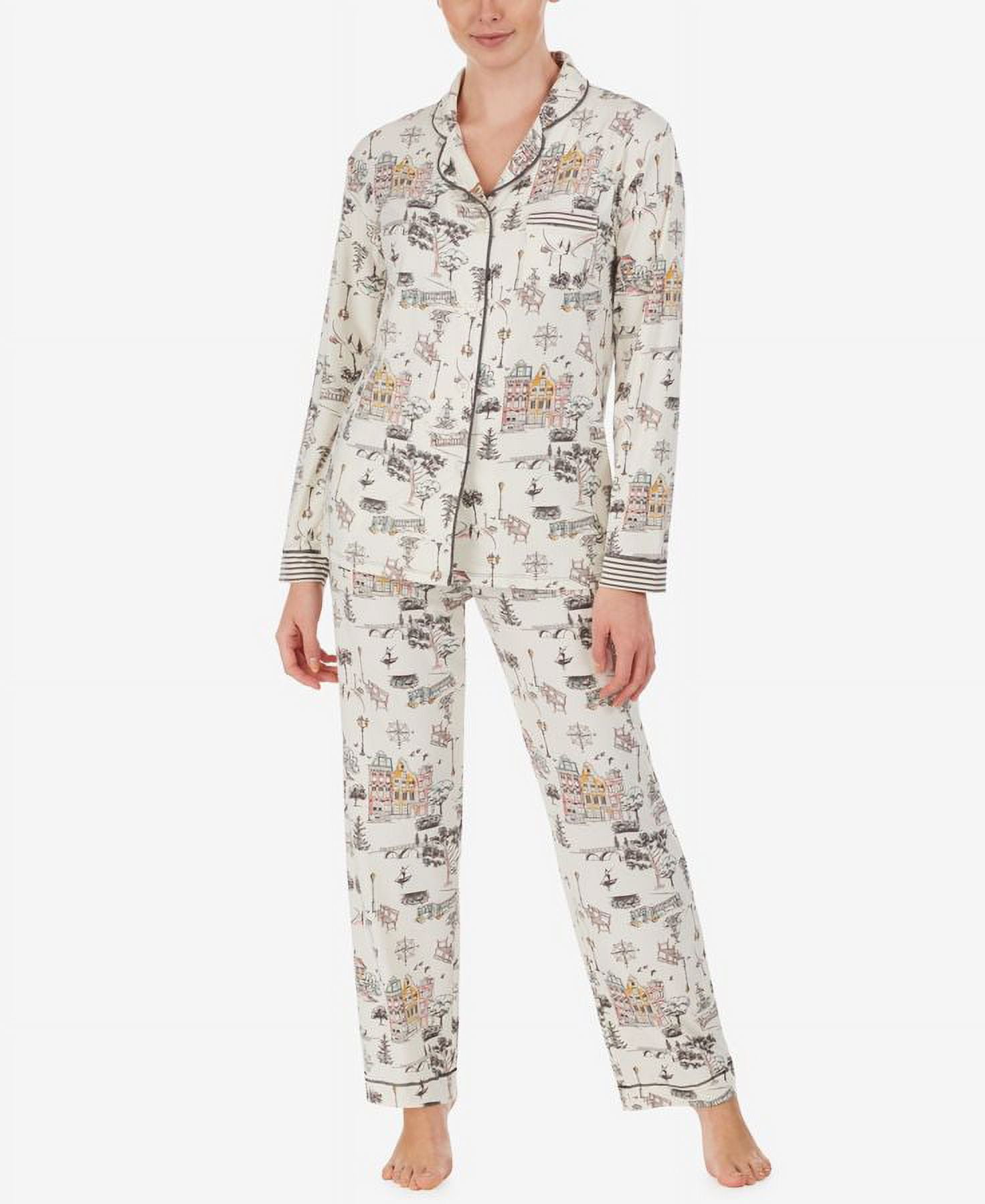 Cuddl Duds CREAM PRINT Printed Knit Notch Collar Pajama Set US