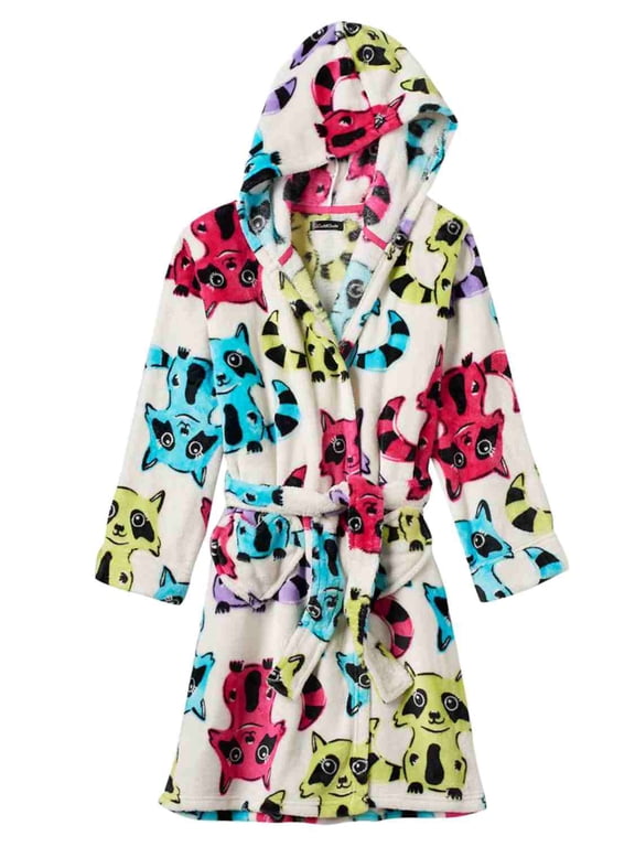 Girls Plush White Fox Print Bathrobe Robe Shower Wrap Small 6-6X