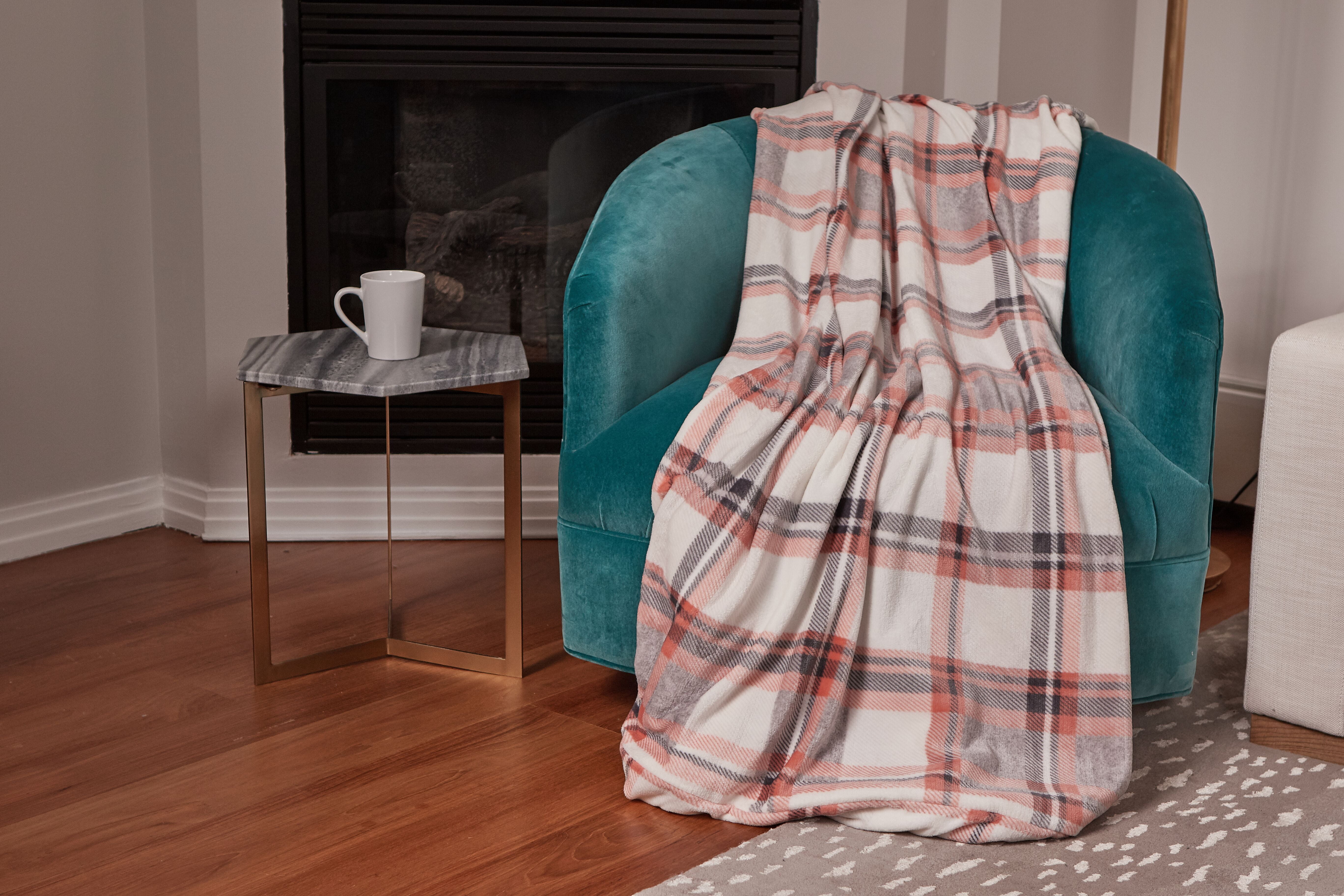 Cuddl Duds Oversized Throw Blanket with a Sherpa Foot Pocket, 50" x 70", Burnt Coral and Gray Plaid