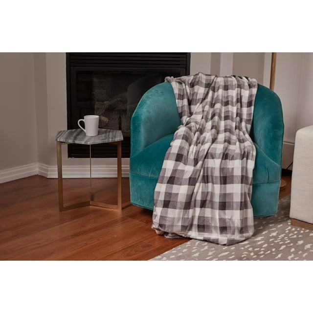 Cuddl Duds Oversized Throw Blanket with a Sherpa Foot Pocket, 50" x 70", Gray and White Buffalo