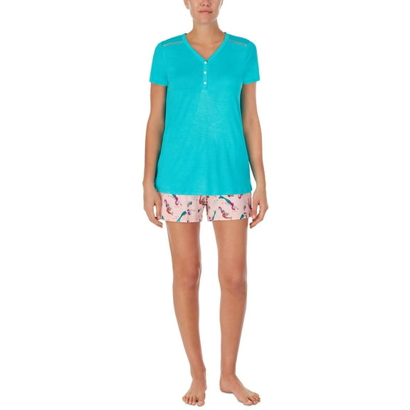 Cuddl Duds Short Sleeve T-Shirt & Printed Shorts Pajama Set Pink/ Aqua Size Large