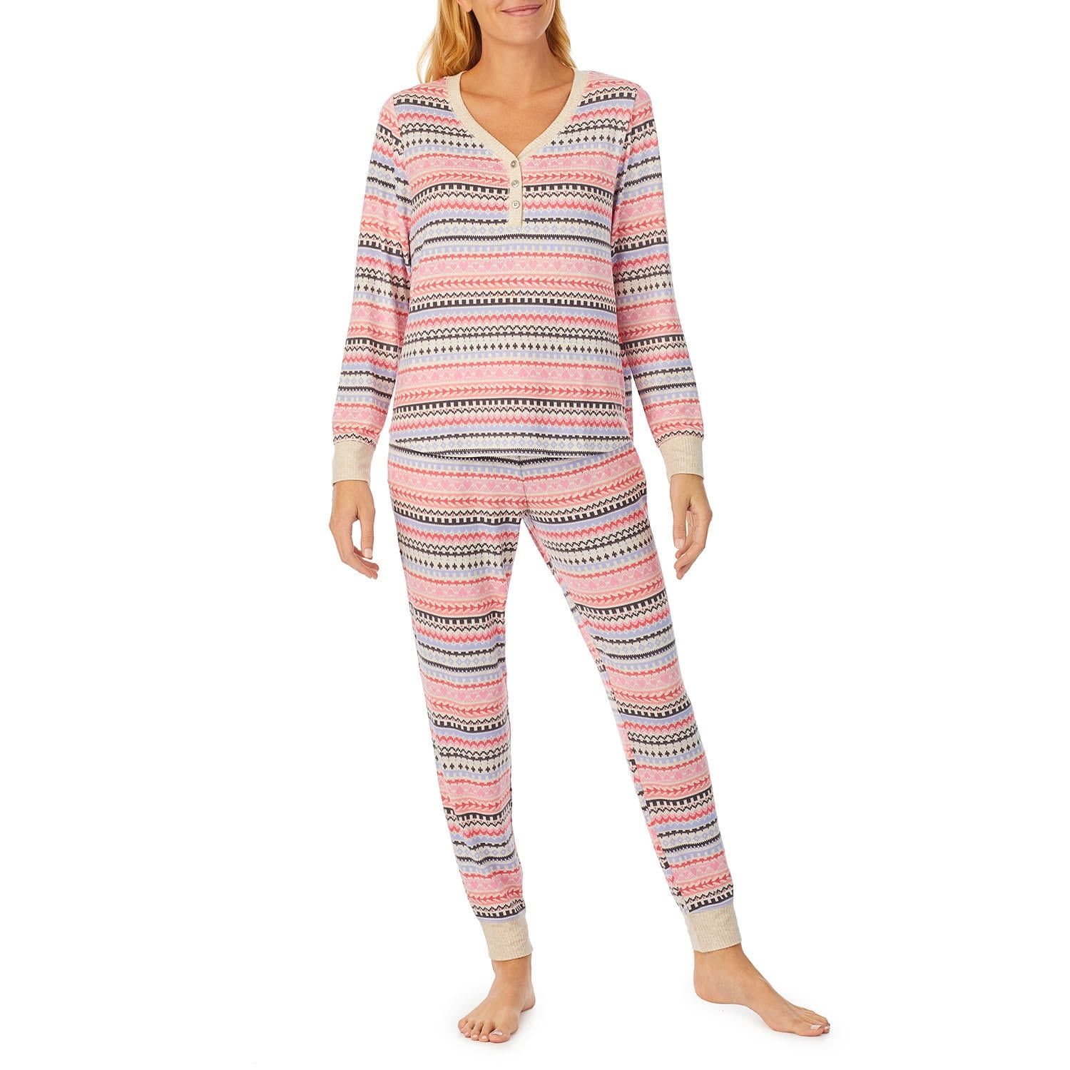 Cuddl Duds Women's 2 Piece Henley Sweater Knit Lounge & Sleep Set (Grey  Star, S) 