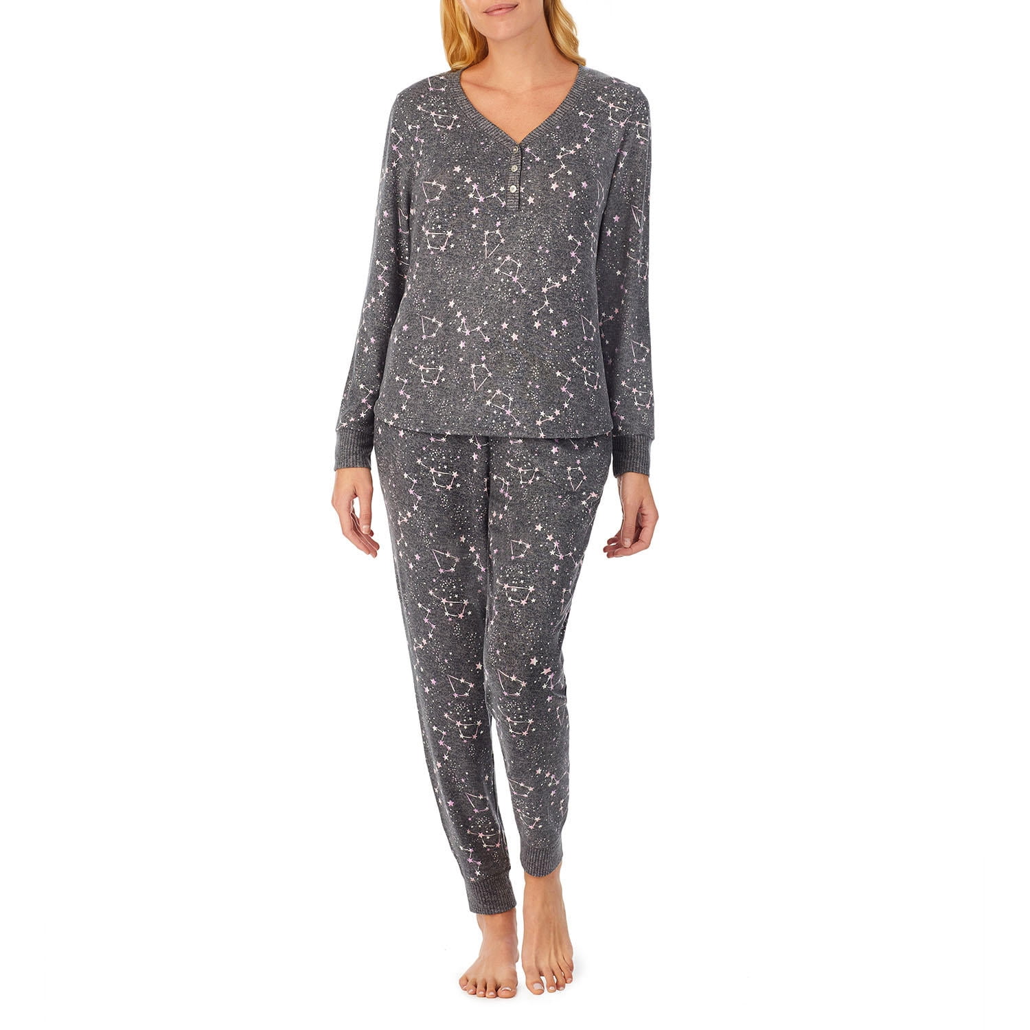 Cuddl Duds Women's 2 Piece Henley Sweater knit Lounge Set (Grey Star