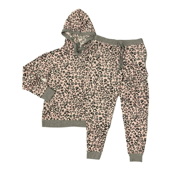 Cuddl Duds Women's 2 Piece Hooded Stretch Fleece Lounge Set (Pink Leopard, XL)