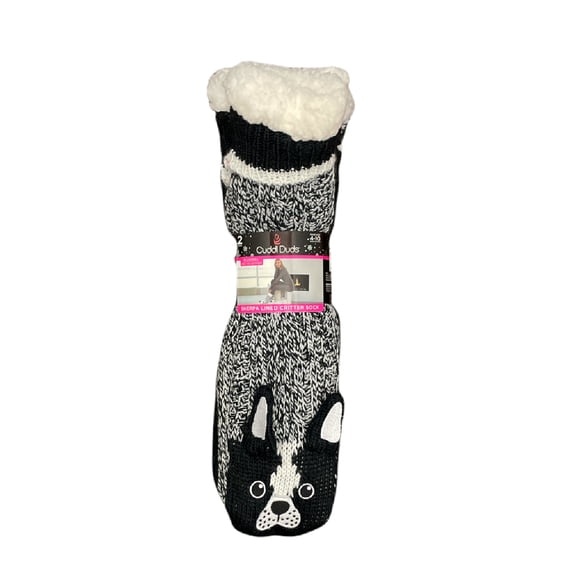 Cuddl Duds Women's Sherpa Lined Critter Slippers Socks, Shoe Size 4-10, Set of 2 (French Bulldog)