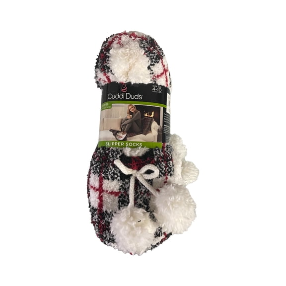 Cuddl Duds Women's Soft Plushfill Sherpa Lined Slipper Sock, 2 Pack, Size 4-10 (Plaid Black Tweed)