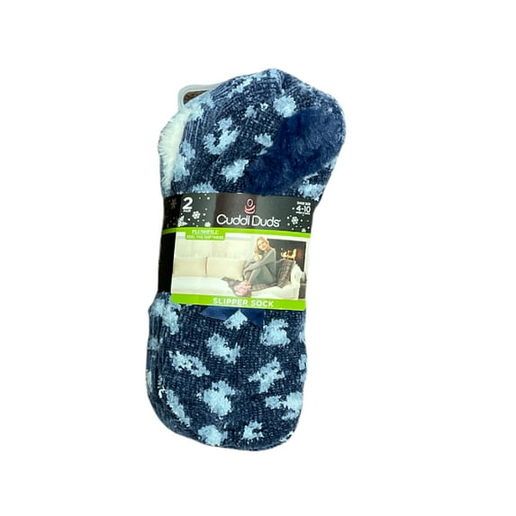 Cuddl Duds Women's Super Soft Plushfill Sherpa Lined Slipper Sock, 2 Pack (Blue Animal)
